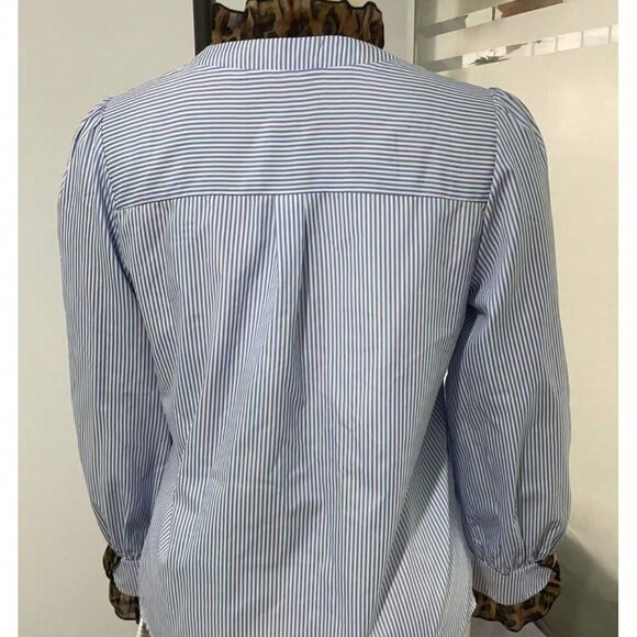 Blue Women's Striped & Leopard Print Patchwork Button Down Collared Shirt - Picture 6 of 6